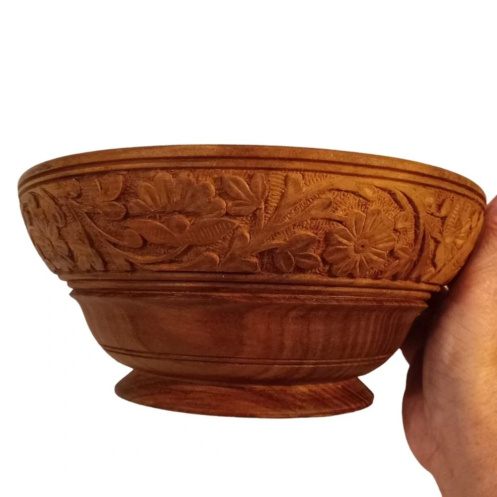 Wood Hand Carved Decorative Flowers Round Bowl Boho Made in India Vtg 8.25
